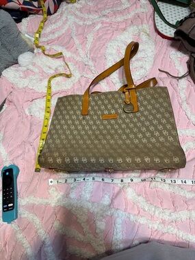 Dooney & Bourke Brown Monogram Tote with Tan Leather Straps and Trim